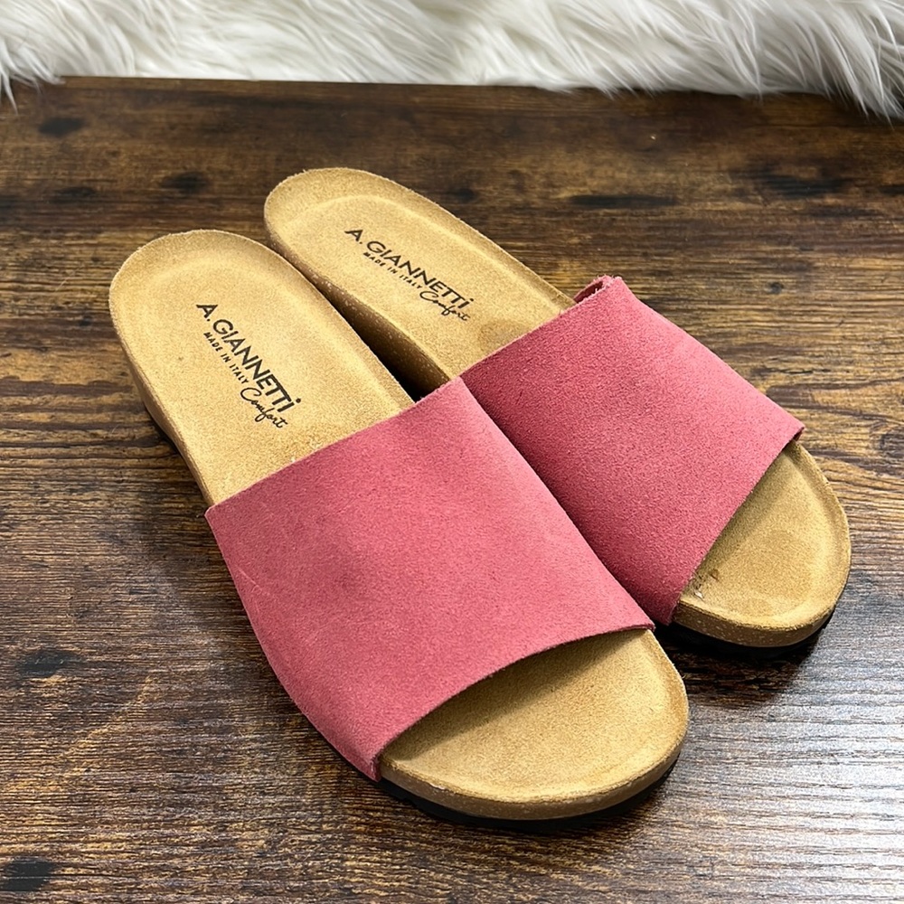 A Giannetti Pink and Tan Brown Leather Slides Wedges Sandals in Size 6.5